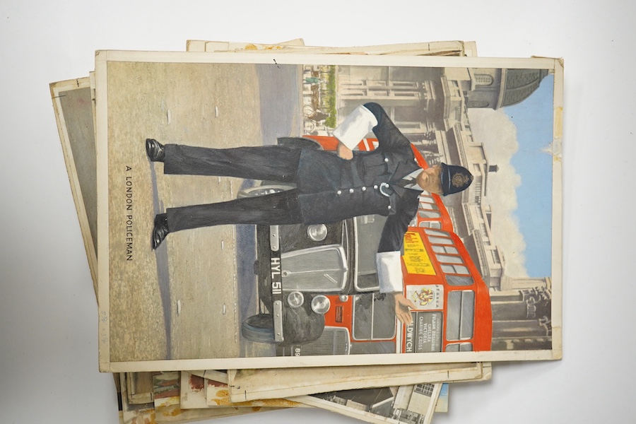 A set of thirteen original hand coloured photographs for postcards, London Pageantry scenes to include Changing the guard at Buckingham Palace, Lifeguards in the mall, London policeman and Yeoman warders at St James Pala